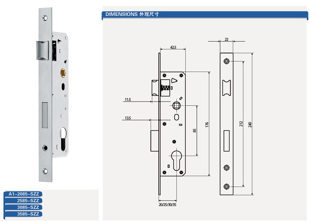 High Security Aluminum/wooden Door Mortise Cylinder Latch Lock Body A1-2085 High Security Aluminum/wooden Door Mortise Cylinder Latch Lock Body A1-2085