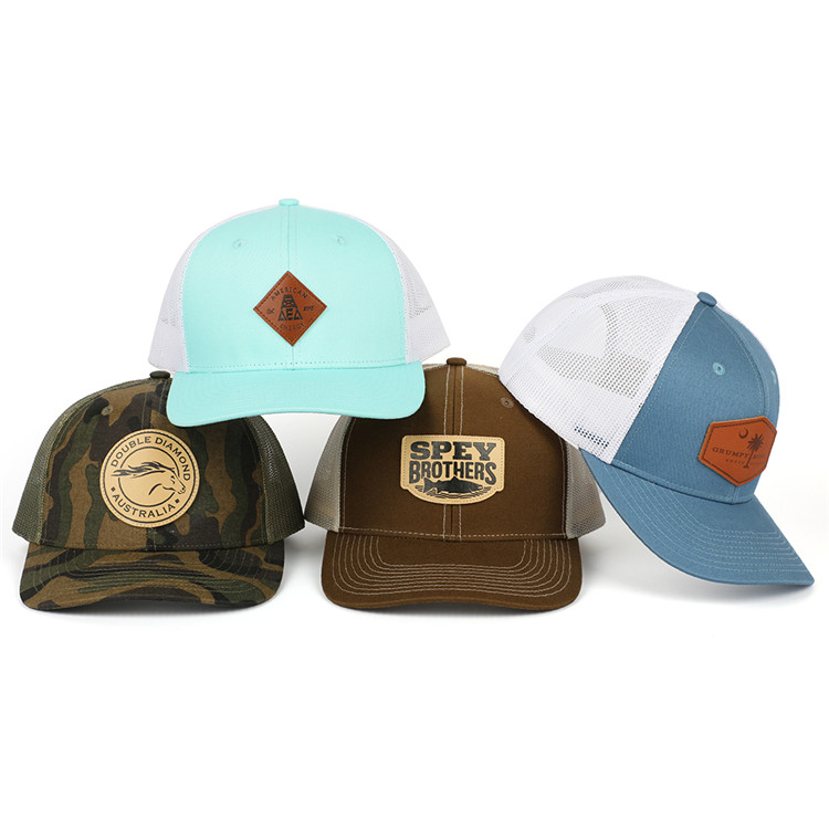 OEM Custom Low MOQ 6 Panel Leather Patch 112 Trucker Hat,High Quality Adult Low Profile Mesh Bulk Trucker Cap