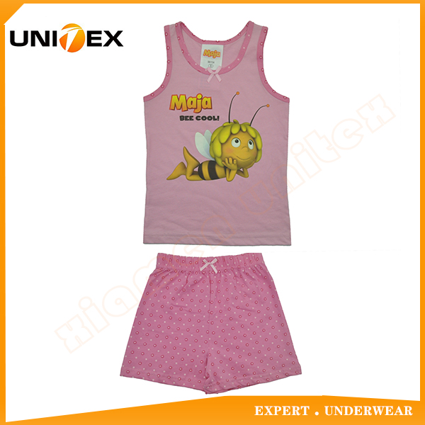 Professional customized beautiful printing color soft cotton match girls vest and short pyjamas