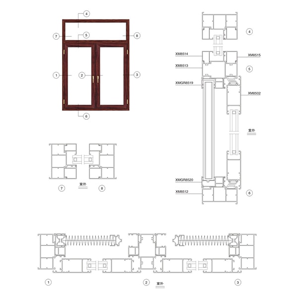 Estrutura do conjunto da janela do caixilho de alumínio XM85