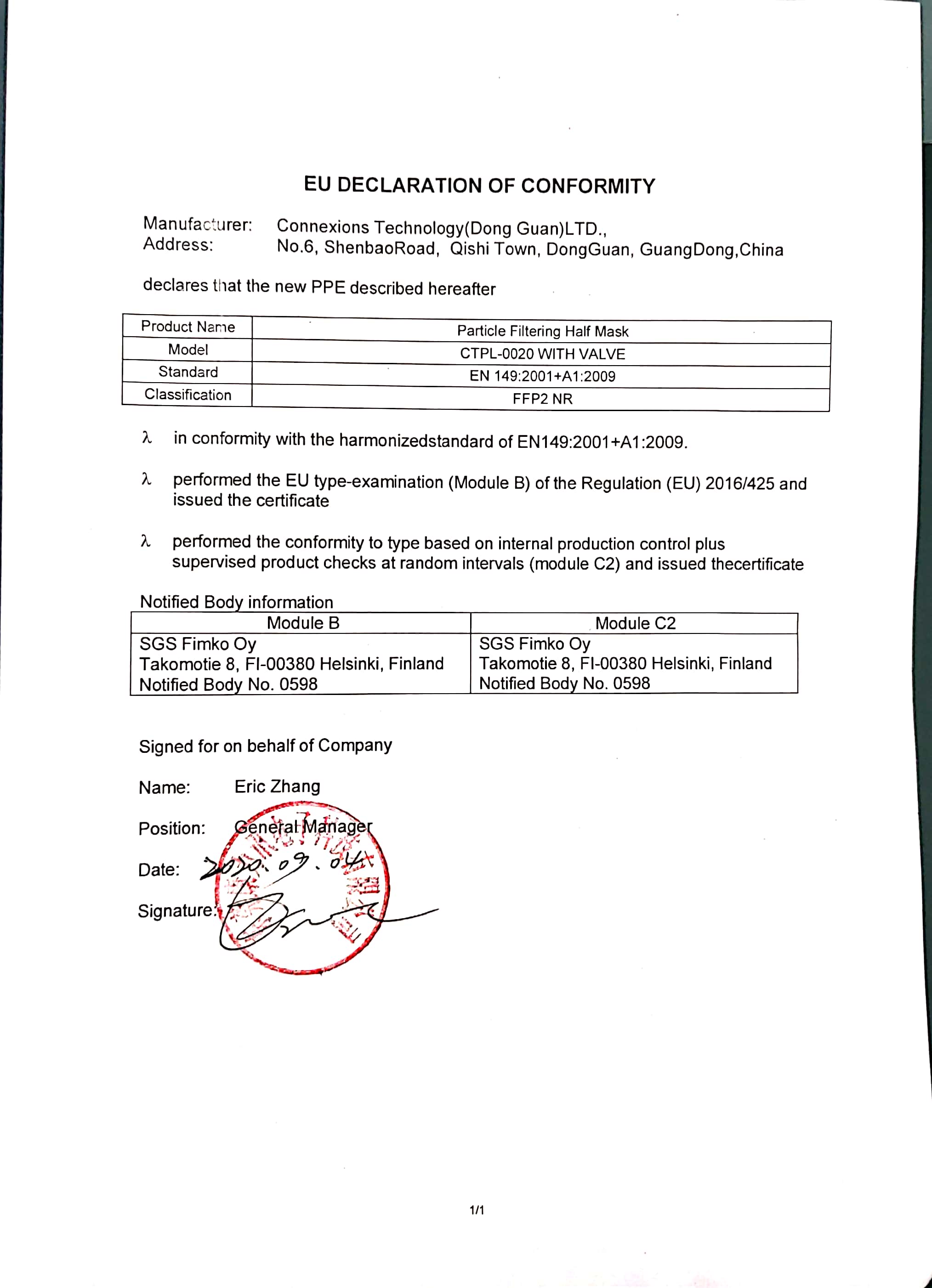 FFP2 VAVLE EU DECLARATION OF CONFORMITY