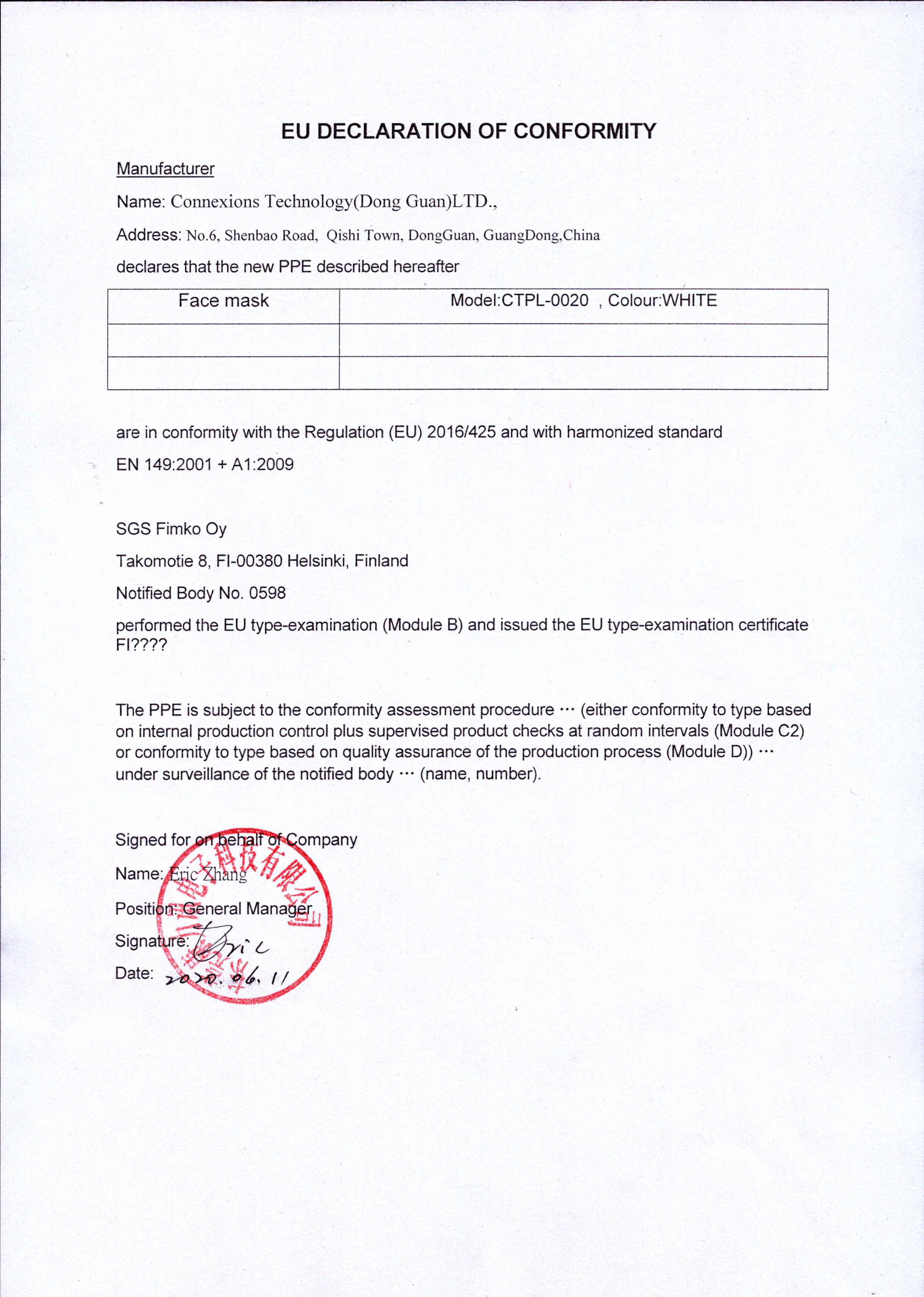 FFP2 WITHOUT VAVLE - EU DECLARATION OF CONFORMITY