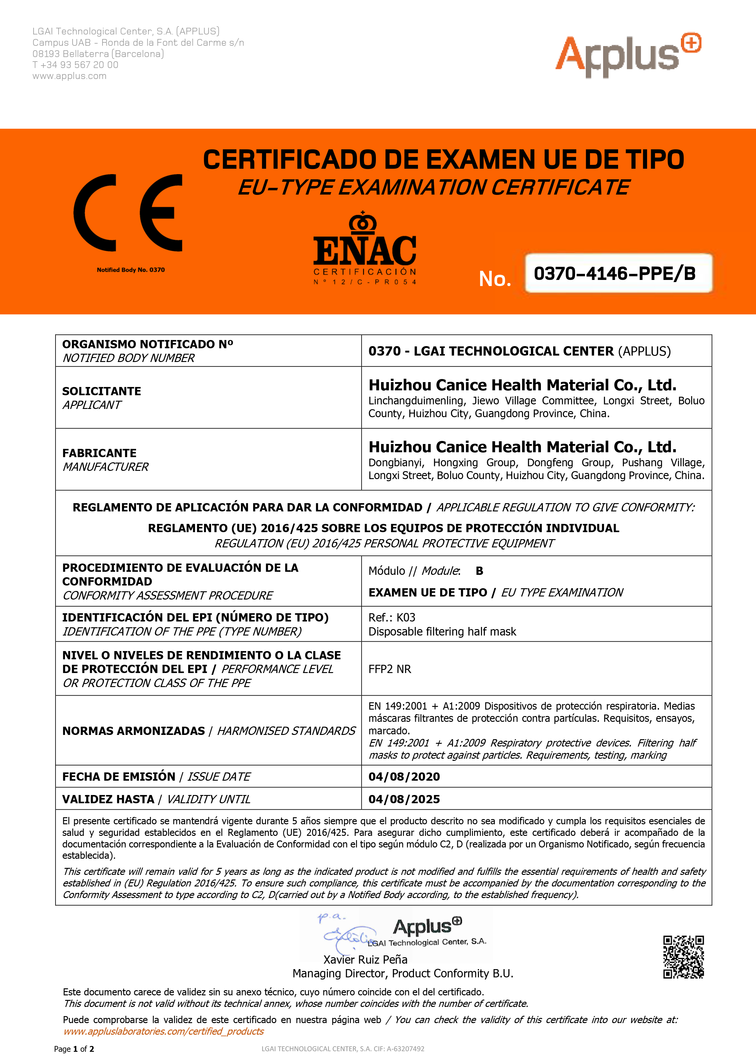 CE0370  Module B for Non Medical  FFP2 NR
